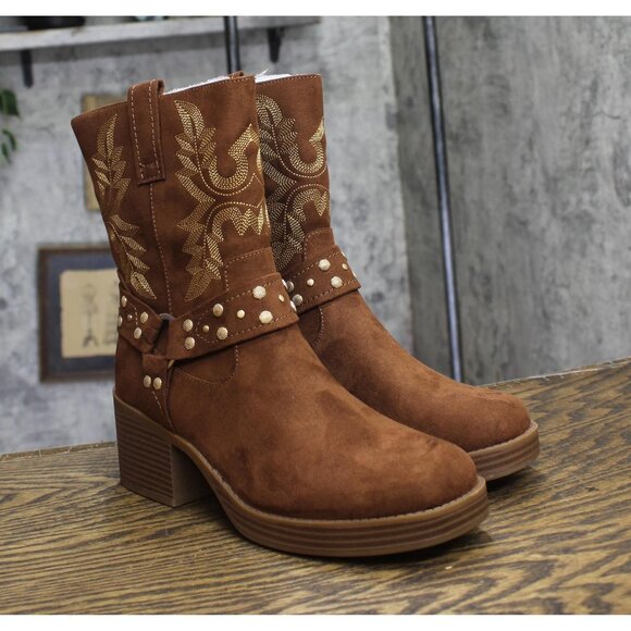 NWT Sun + Stone Womens Norahh Moto Midshaft Bootie Russet Microsuede Brown 8.5M - Picture 5 of 12